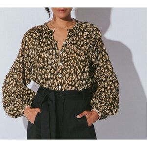 Cleobella Alicia Leopard Print Organic Cotton Boho Button Down Top Large
